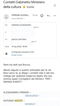 Boccia smentisce ancora Sangiuliano: sui Social della non consigliera le mail del ministero sulla nomina e i biglietti aerei. Spunta pure un audio